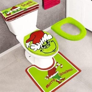 Juego de 4 fundas de asiento de inodoro y alfombra de monstruo verde navideño para interior del hogar, tapetes de baño, alfombra de inodoro en forma Juego de 4 fundas de asiento de inodoro y alfombra de monstruo verde navideño para interior del hogar, tapetes de baño, alfombra de inodoro en forma
