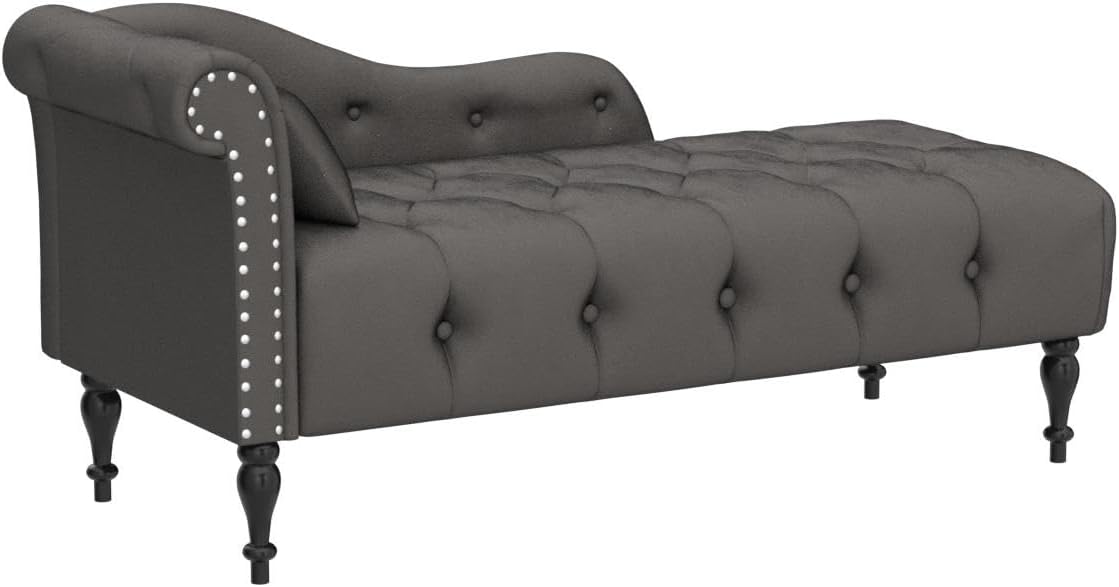 Chaise Lounge – Silla de terciopelo para interiores con almohada, con botones copetudos, brazo derecho, con ribete de cabeza de clavos y patas