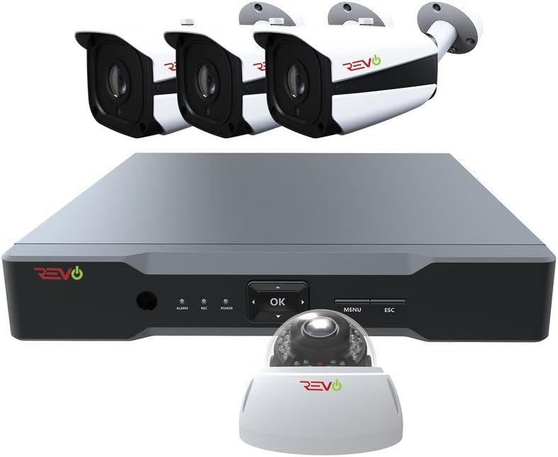 Revo America AeroHD 4Ch. 5MP DVR, sistema de seguridad de video HDD de 1 TB, 3 cámaras Bullet IR de 5MP, 1 cámara domo de 5MP para interiores y