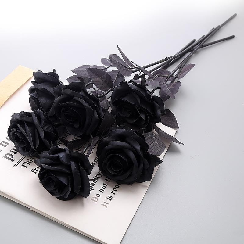 10 rosas artificiales, flores artificiales para decoración de Halloween, tallo largo, rosas artificiales para el hogar, Halloween, gótico,