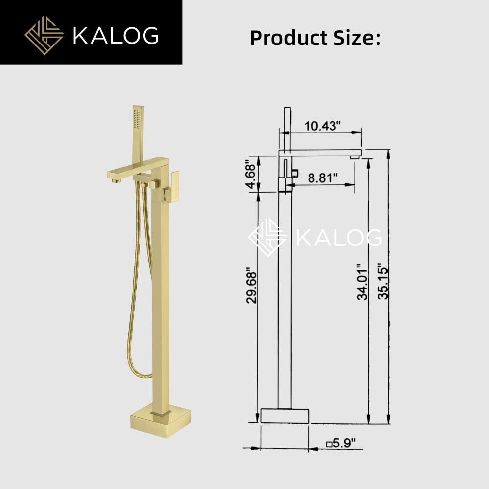 Kalog Grifo de bañera independiente de una sola manija con ducha cuadrada de mano (dorado cepillado)