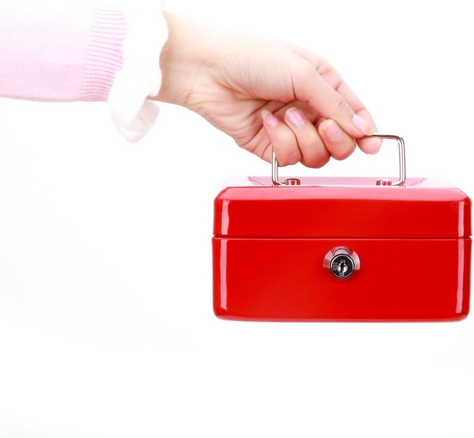 Decaller – Caja de efectivo pequeña con cerradura de llave, portátil de metal con doble capa y 2 llaves para seguridad, rojo, 15,7 x 12,7 x 7,62 cm,