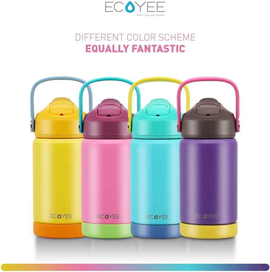 Botella de agua aislada de acero inoxidable de 12 onzas para niños, tapa abatible de silicona de grado alimenticio, asa de transporte, base