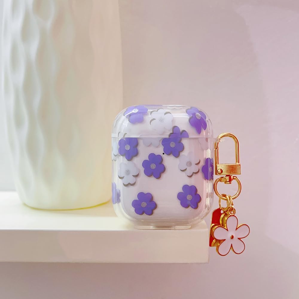 Funda para AirPods de 21 generación con llavero, bonita funda protectora para auriculares con flores moradas y flores, TPU suave y transparente para