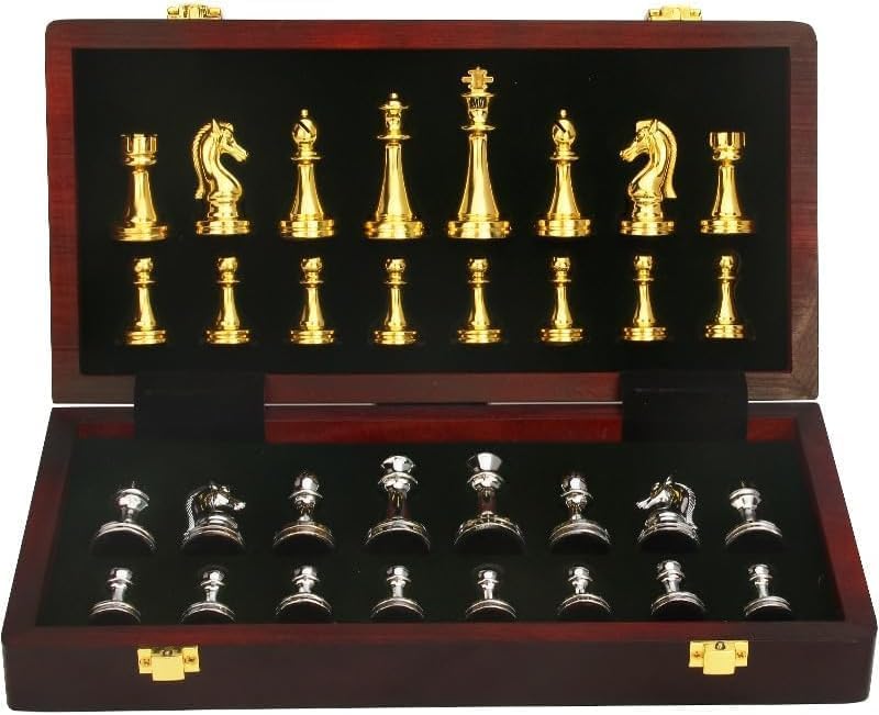 MaGILL Juego de ajedrez internacional de ajedrez de madera, tablero de ajedrez plegable grande con piezas de ajedrez de metal dorado y plateado con