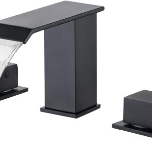 Juego de grifos para lavabo de baño en cascada, montaje en cubierta, 3 agujeros, moderno, 8 pulgadas, 2 manijas, grifo mezclador con líneas de Juego de grifos para lavabo de baño en cascada, montaje en cubierta, 3 agujeros, moderno, 8 pulgadas, 2 manijas, grifo mezclador con líneas de