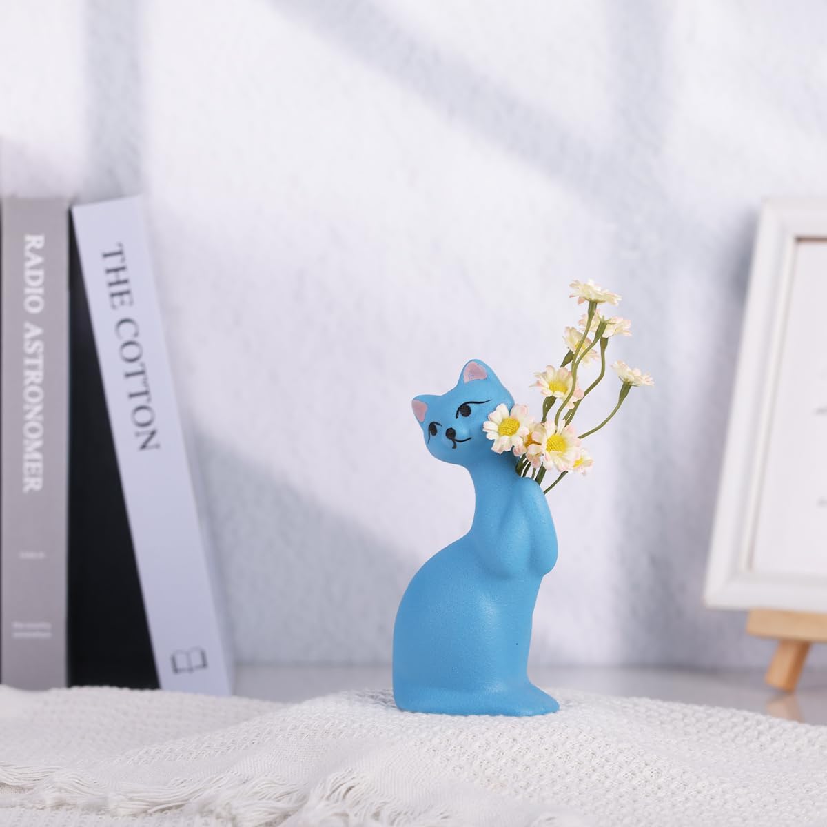 Jarrón de cerámica para gatos, florero azul, decoración multifuncional para jarrón y adorno, estatua de gato hecha a mano para sala de estar,