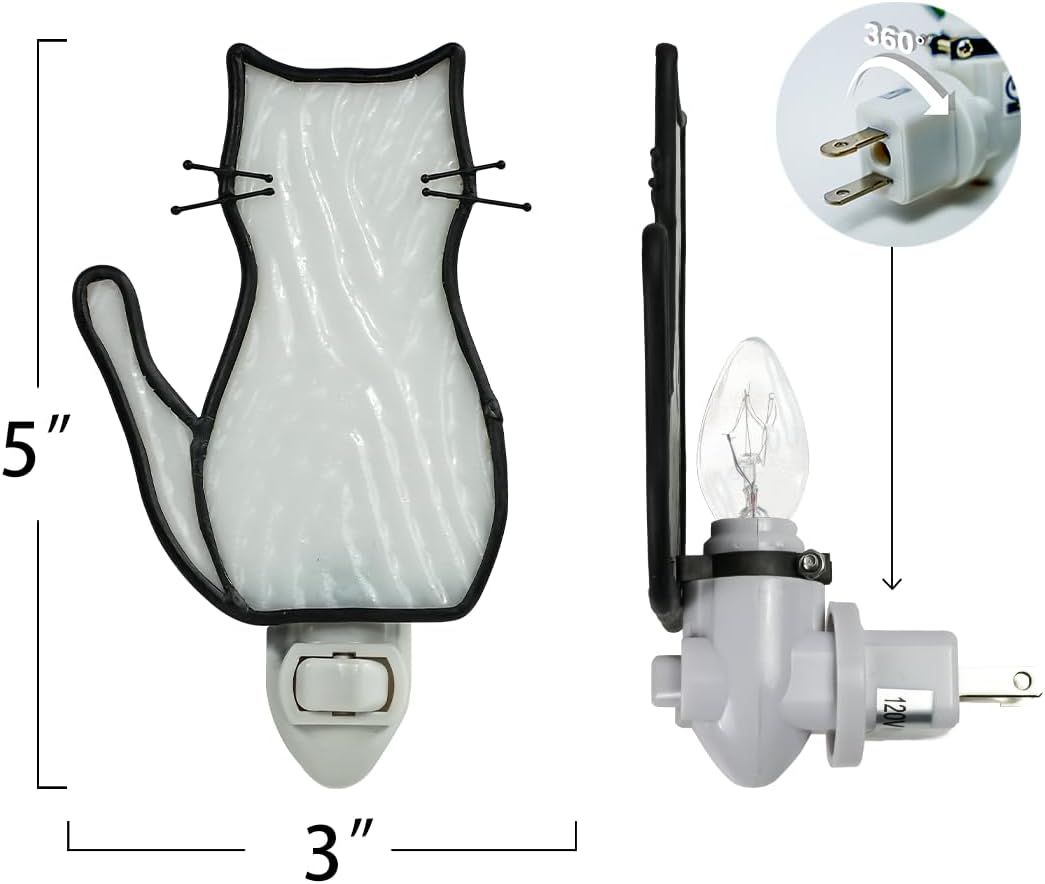 BOXCASA Luz nocturna de gato blanca con bombilla, lámpara de gato de vidrieras, luces nocturnas amarillas cálidas enchufables a la pared para sala