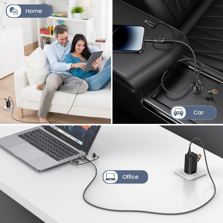 USAMS – Cable de carga USB C a múltiple, 100 W, 4 pies, 5 A, tipo C a tipo C, cable de carga rápida con pantalla LED 5 en 1 CA a CMicroIP, adaptador
