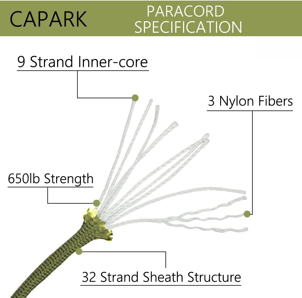 CAPARK Cuerda de paracaídas de 9 hebras de 650 libras de 0.157 in, cuerda de paracaídas de supervivencia resistente de 100 pies, tipo III-IV, para