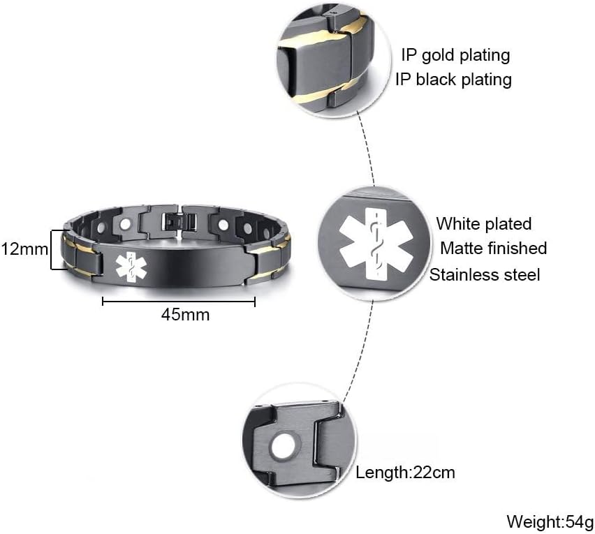 XUANPAI Pulseras de alerta médica para hombres y mujeres con grabado gratuito ajustable de acero inoxidable para emergencias médicas de