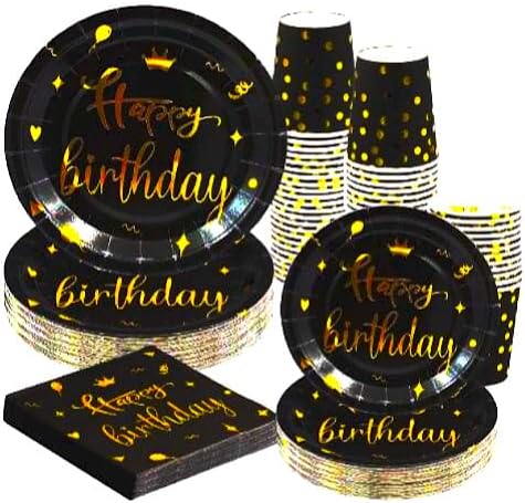Juego de vajilla desechable de 40 piezas para fiesta de cumpleaños, platos, servilletas y tazas, sirve para 10 invitados (negro y dorado)