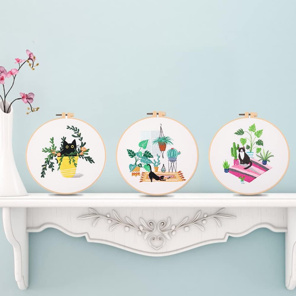 SIMEIQI Kit de bordado de 3 juegos para principiantes con patrón e instrucciones (idioma español no garantizado), kit de punto de cruz para adultos,