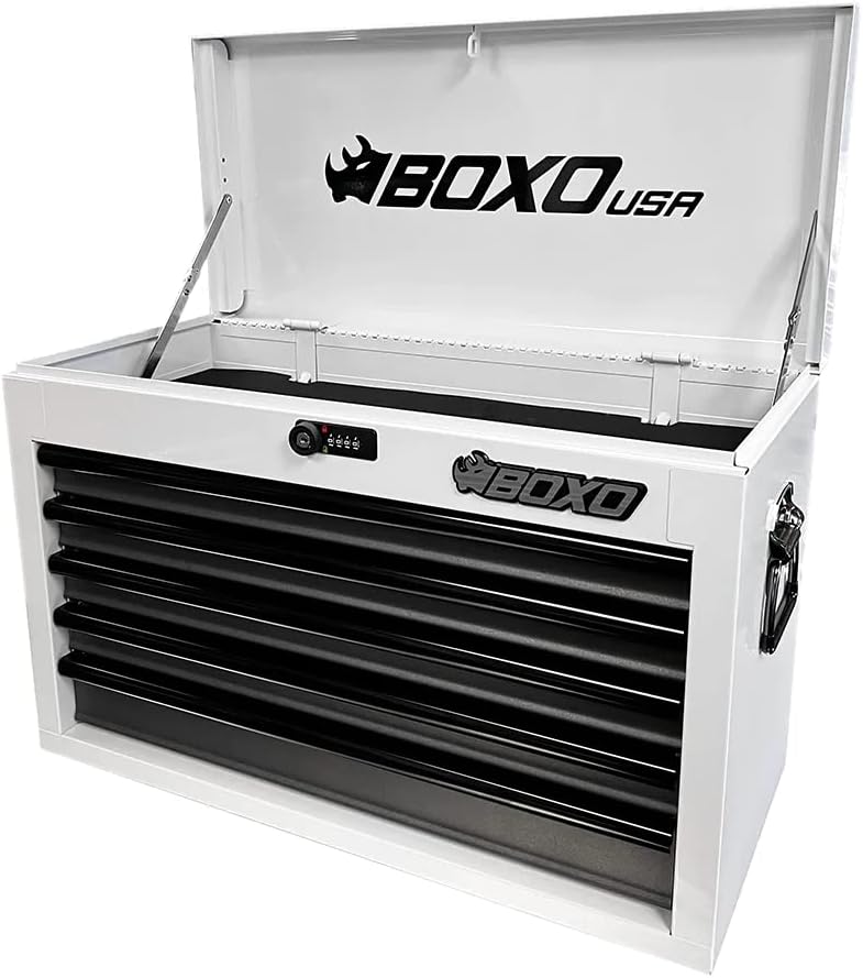 Boxo USA – Caja de herramientas de transporte manual con 5 cajones de 26 pulgadas, caja de herramientas de acero resistente con sistema de bloqueo