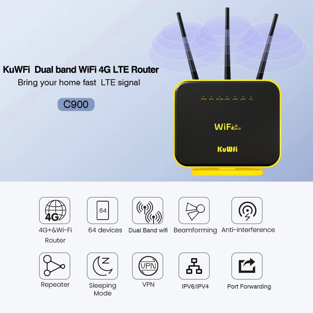 KuWFi Router 4G LTE Cat12 1200Mbps Dual Band Gigabit WiFi Celular Cloud SIM Router Antena externa con datos de 2 GB de largo alcance inalámbrico LTE