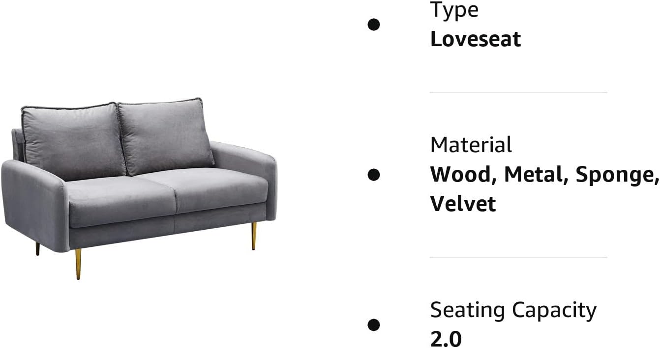 Sofá biplaza de terciopelo moderno con patas de metal para sala de estar, dormitorio, oficina, sala de juegos, color gris