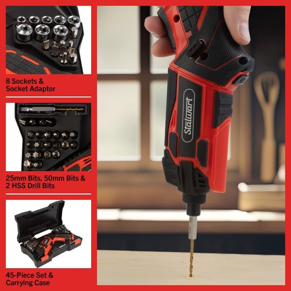 Stalwart – Juego de destornilladores eléctricos de 4 V, 45 piezas, pistola de tornillo recargable inalámbrica de 4.5 Nm 250 RPM con agarre de doble