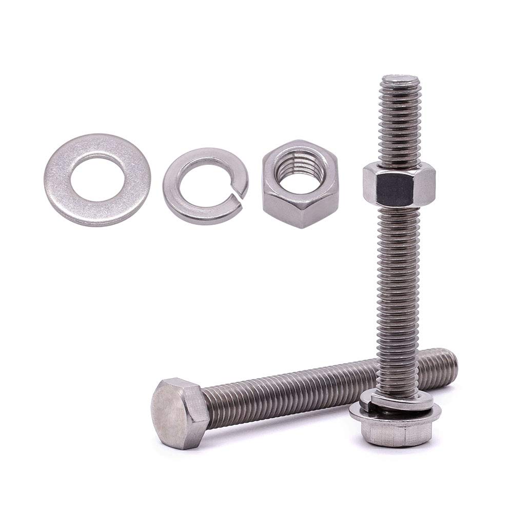 Tornillos hexagonales de acero inoxidable de 14-20 x 3-12 pulgadas (10 juegos) con tuercas arandelas planas, arandelas de bloqueo, 304 SS 18-8,