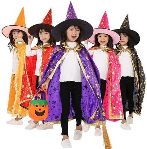 Jackcell Capa de bruja de mago con sombrero y bolsa de calabaza, accesorios de disfraz de Halloween para fiestas de cosplay de niños