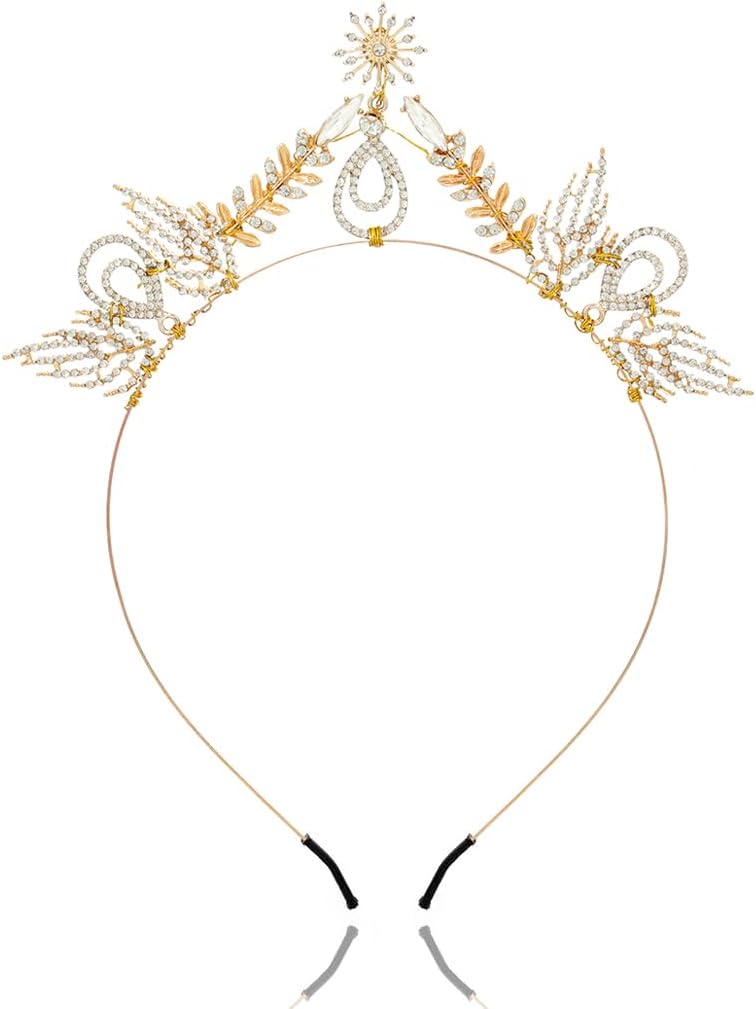 Formery Diadema de corona de diamantes de imitación de hojas doradas con forma de gota de agua, diosa, diadema para boda, fiesta, graduación, hojas