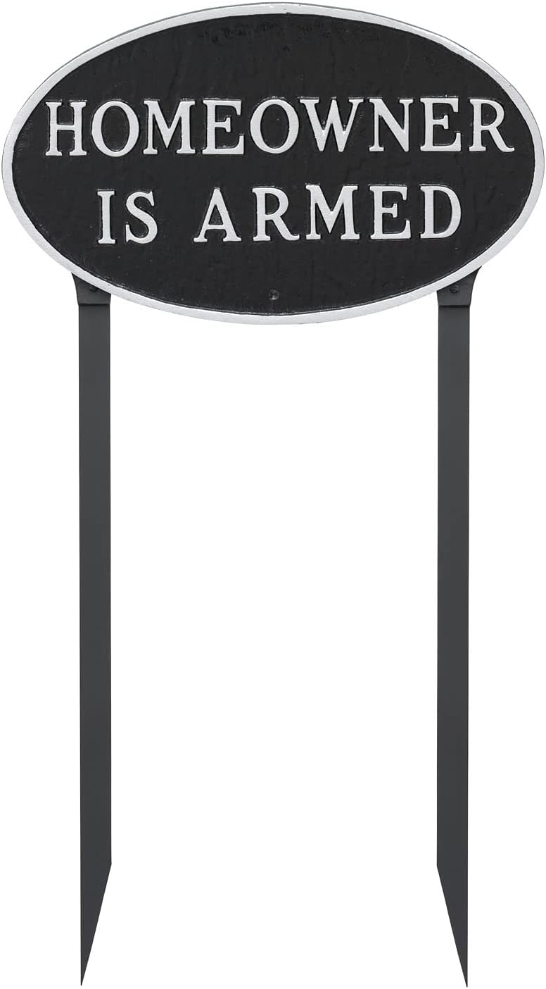 Placa ovalada de metal fundido para el propietario de casa con diseño de armado – Placa de exhibición de pared o césped – Letrero de seguridad para