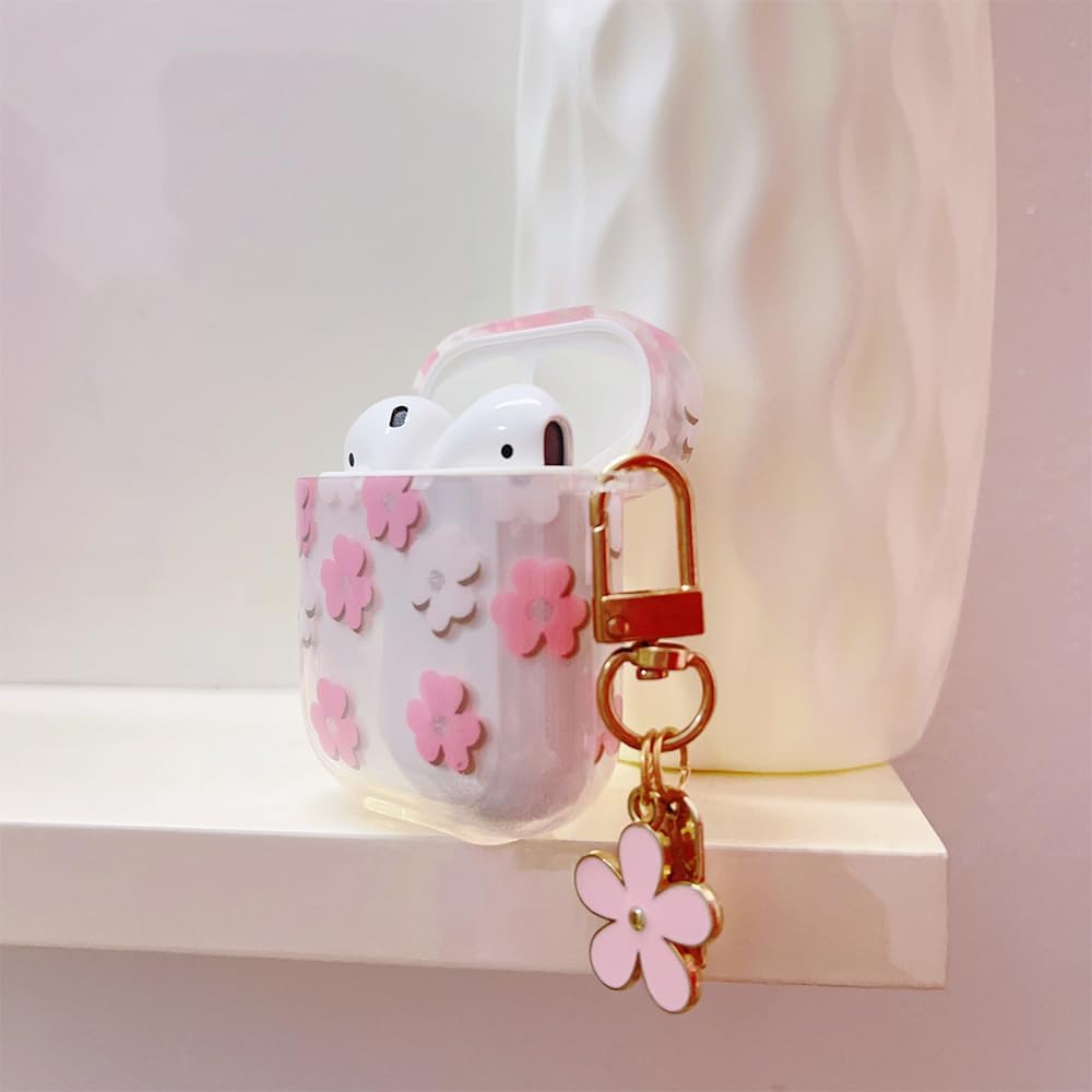 Faneiy Funda protectora para AirPods de 3 generación con llavero, bonita funda protectora para auriculares con diseño floral de flores rosadas, TPU