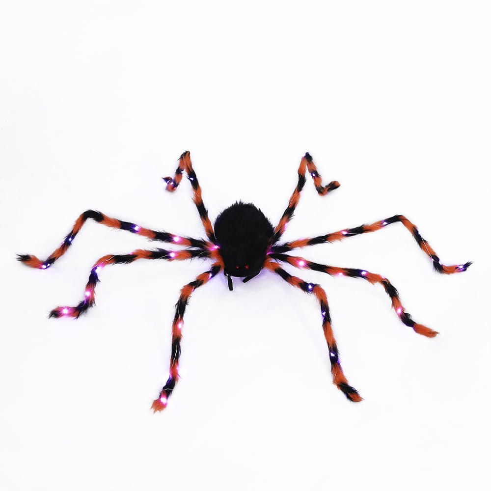 PageebO Araña grande de Halloween con 64 luces LED moradas para decoración de Halloween, bolsa de dulces, juegos de truco o trato