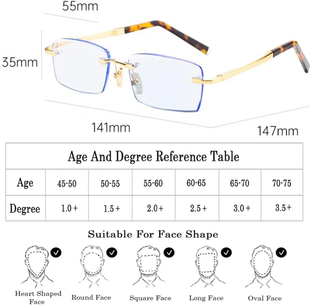 Gafas de lectura con corte de diamante para hombres y mujeres, lectores de cristal sin montura (color  azul, tamaño 2.5+)