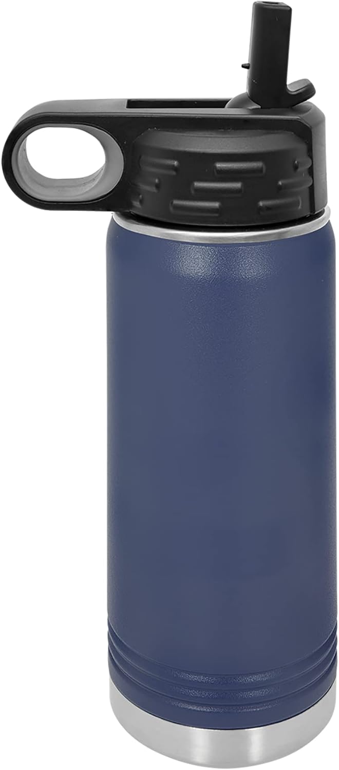 LaserGram Botella de agua de doble pared abatible de 20 onzas con popote, tren de carga, grabado personalizado incluido (azul marino)