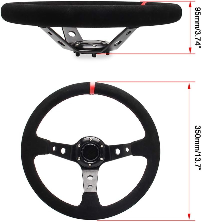 Volante de 14 pulgadas de profundidad de 13.780 in, plato de 6 pernos para volante de carreras deportivas, botón de cuerno de gamuza incluido EE.