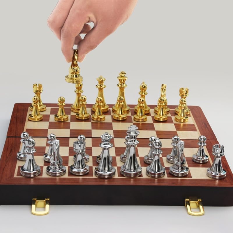 MaGILL Juego de ajedrez internacional de ajedrez de madera, tablero de ajedrez plegable grande con piezas de ajedrez de metal dorado y plateado con