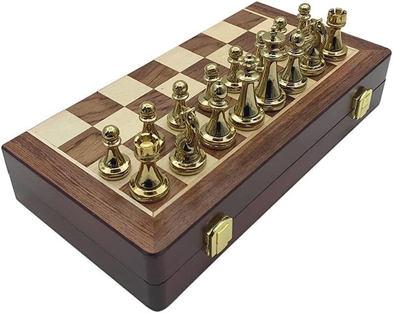 ROLTIN Piezas metálicas de ajedrez de madera maciza plegable tablero de ajedrez juegos de ajedrez