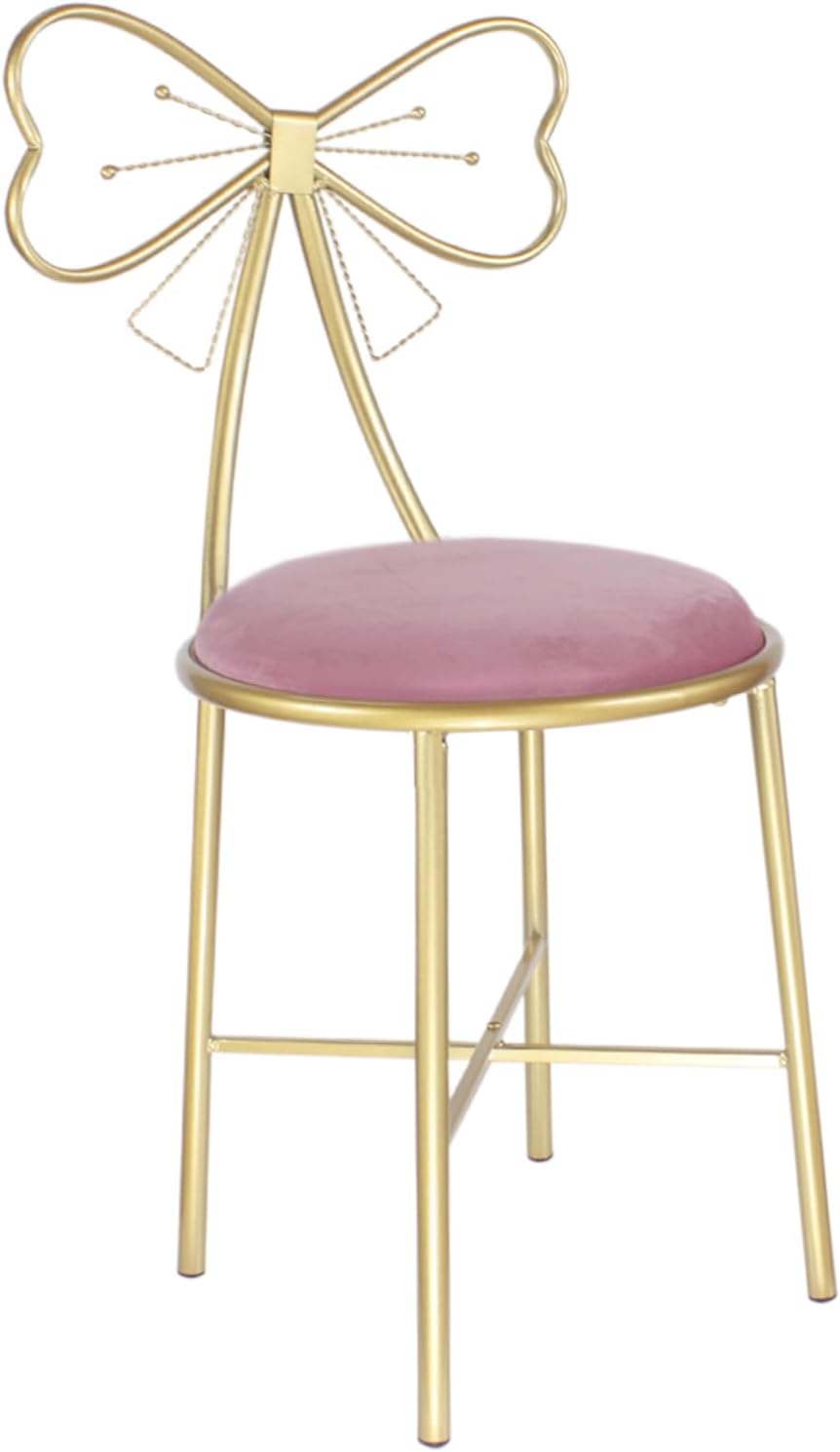 Puclekne Silla de tocador para maquillaje, moderna silla de terciopelo con diseño de mariposa, linda silla rosa con nudo de lazo para niñas con pata