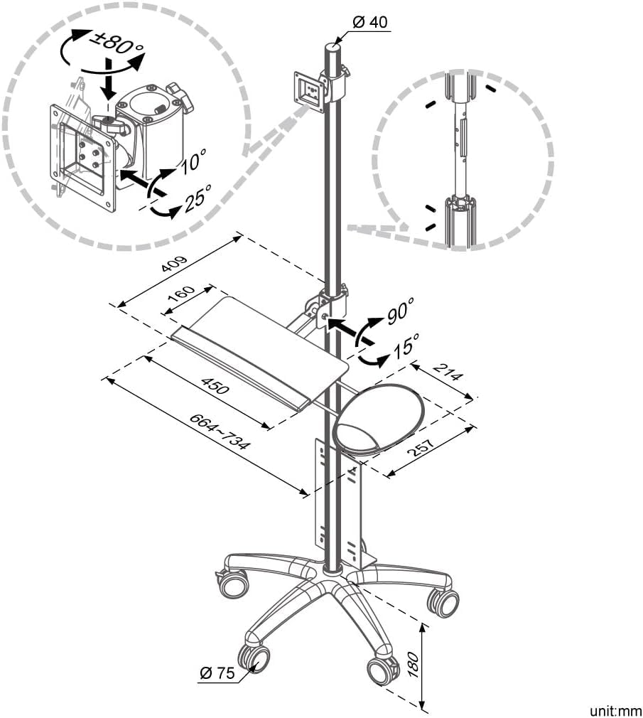 letech+ Carrito de computadora rodante, estación de trabajo móvil de altura ajustable con soporte para monitor, soporte para CPU, bandeja para