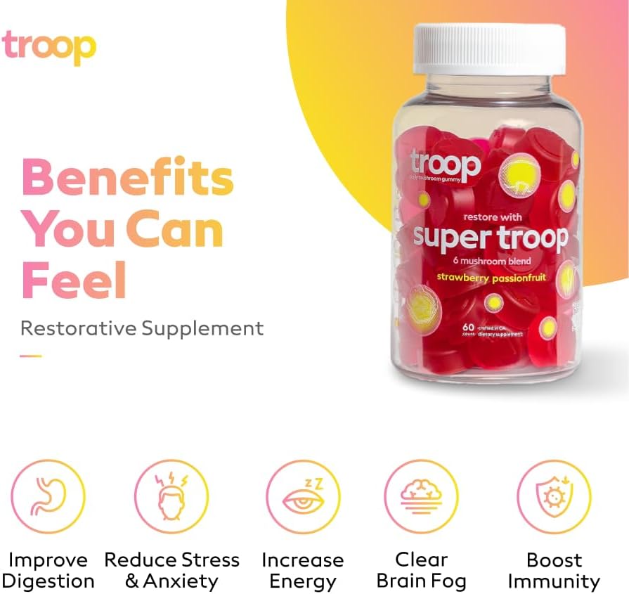 Troop Daily Super 6 – Mezcla de hongos para inmunidad, vitalidad, estado de ánimo, equilibrio, salud intestinal, energía, suplemento restaurador con