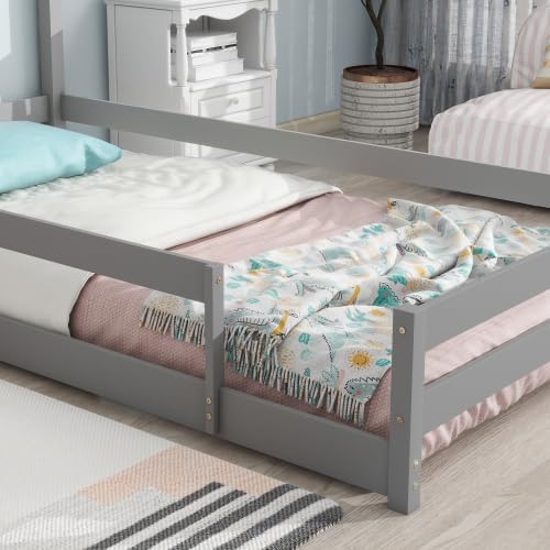 Base de cama individual para niños, cama Montessori de tamaño individual con cabecera y barandillas en forma de casa, camas de madera de tamaño