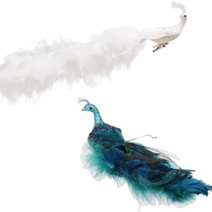 Adorno de Navidad 2023 con purpurina azul pavo real, decoración de pavo real con cola de plumas y clip para árbol de Navidad (blanco y azul, paquete Adorno de Navidad 2023 con purpurina azul pavo real, decoración de pavo real con cola de plumas y clip para árbol de Navidad (blanco y azul, paquete