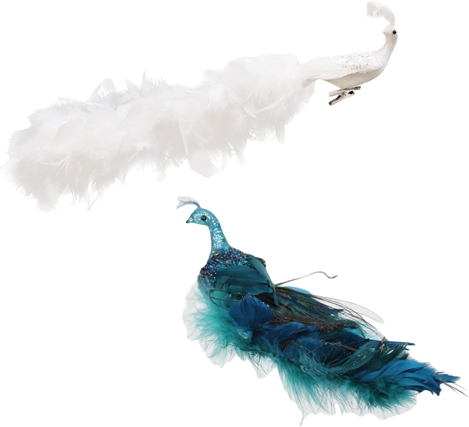 Adorno de Navidad 2023 con purpurina azul pavo real, decoración de pavo real con cola de plumas y clip para árbol de Navidad (blanco y azul, paquete