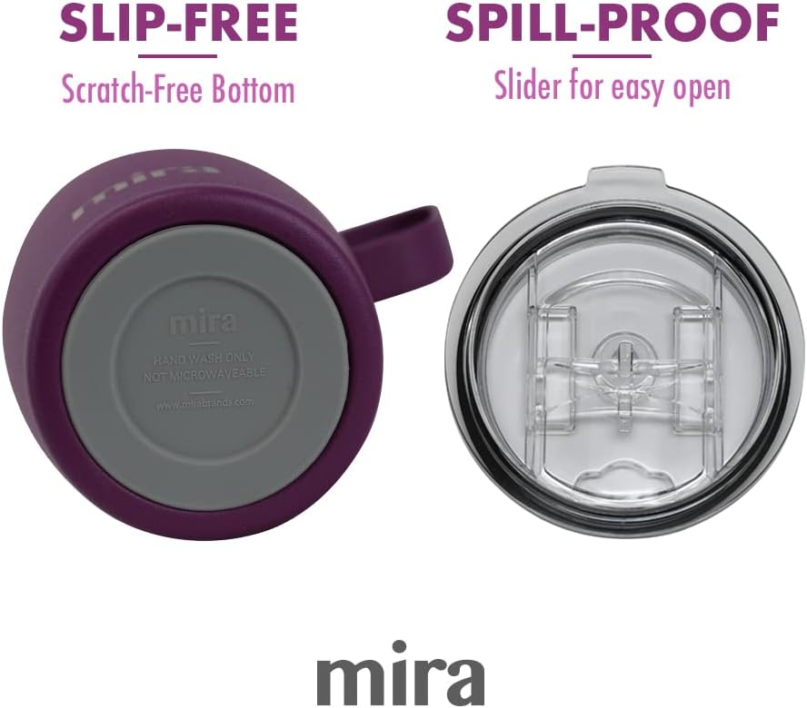 MIRA Taza de café aislada de 18 onzas con asa y tapa, apta para portavasos, acero inoxidable, iris