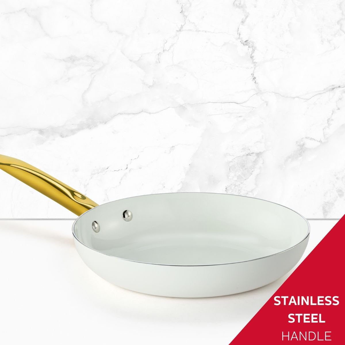 Holstein Housewares Sartén antiadherente de cerámica de 8 pulgadas, elegante mango de color blanco y dorado, elegancia dorada para cada cocina