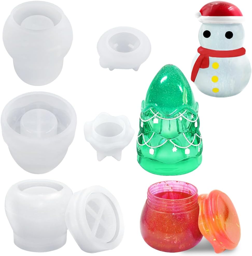 Juego de 3 moldes de silicona para frascos, moldes de resina para tarros de Navidad, muñeco de nieve, árbol de Navidad, moldes de resina con tapa,