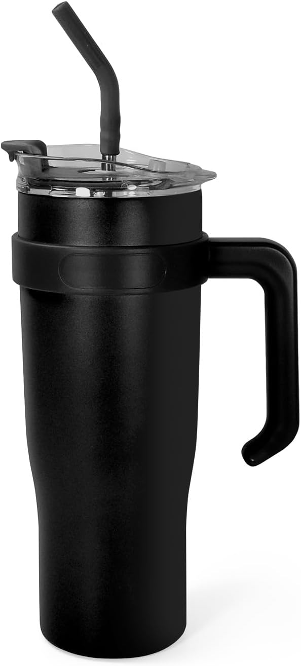 AGH Vaso de 40 onzas con asa y pajilla, doble pared aislada al vacío, botella de agua reutilizable de acero inoxidable, taza de viaje, taza de café
