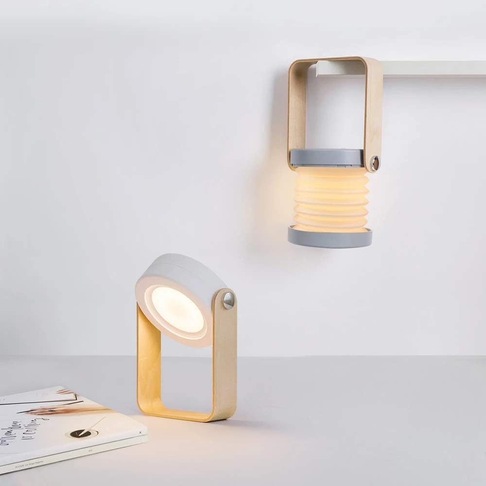 Lámpara de mesa plegable 4 en 1, luz LED retráctil USB, mango de madera, linterna portátil y linterna, control táctil, intensidad regulable, 3