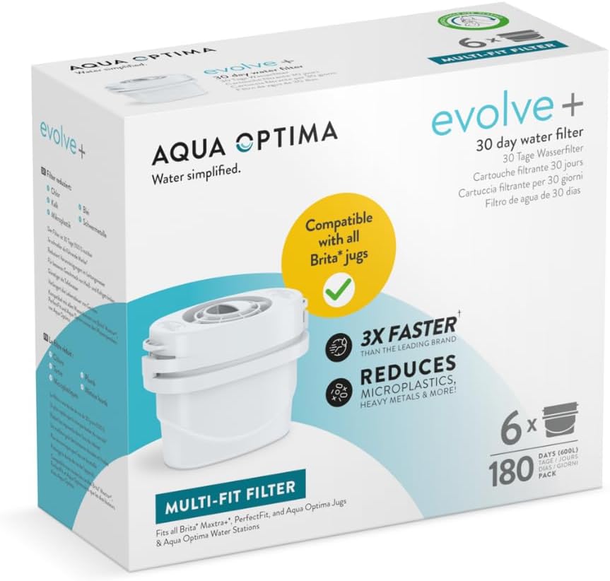 Aqua Optima Cartucho de filtro de agua, paquete de 6 (suministro de 6 meses), Evolve+, compatible con Brita Maxtra, Maxtra+ y PerfectFit, sistema de