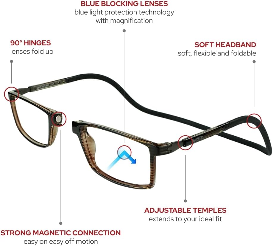Clic Gafas de lectura magnéticas con bloqueo de luz azul de Slastik, banda plegable suave, lectores de computadora con patillas ajustables, Trevi