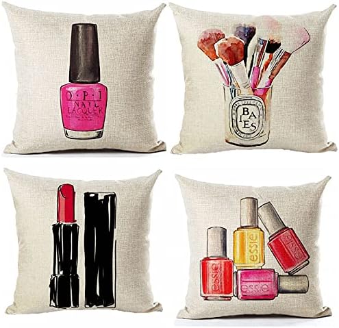 Unkyoo Juego de 4 fundas de almohada decorativas para maquillaje y esmalte de uñas de algodón y lino con patrón de lápiz labial, funda de almohada