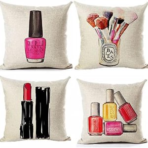 Unkyoo Juego de 4 fundas de almohada decorativas para maquillaje y esmalte de uñas de algodón y lino con patrón de lápiz labial, funda de almohada Unkyoo Juego de 4 fundas de almohada decorativas para maquillaje y esmalte de uñas de algodón y lino con patrón de lápiz labial, funda de almohada