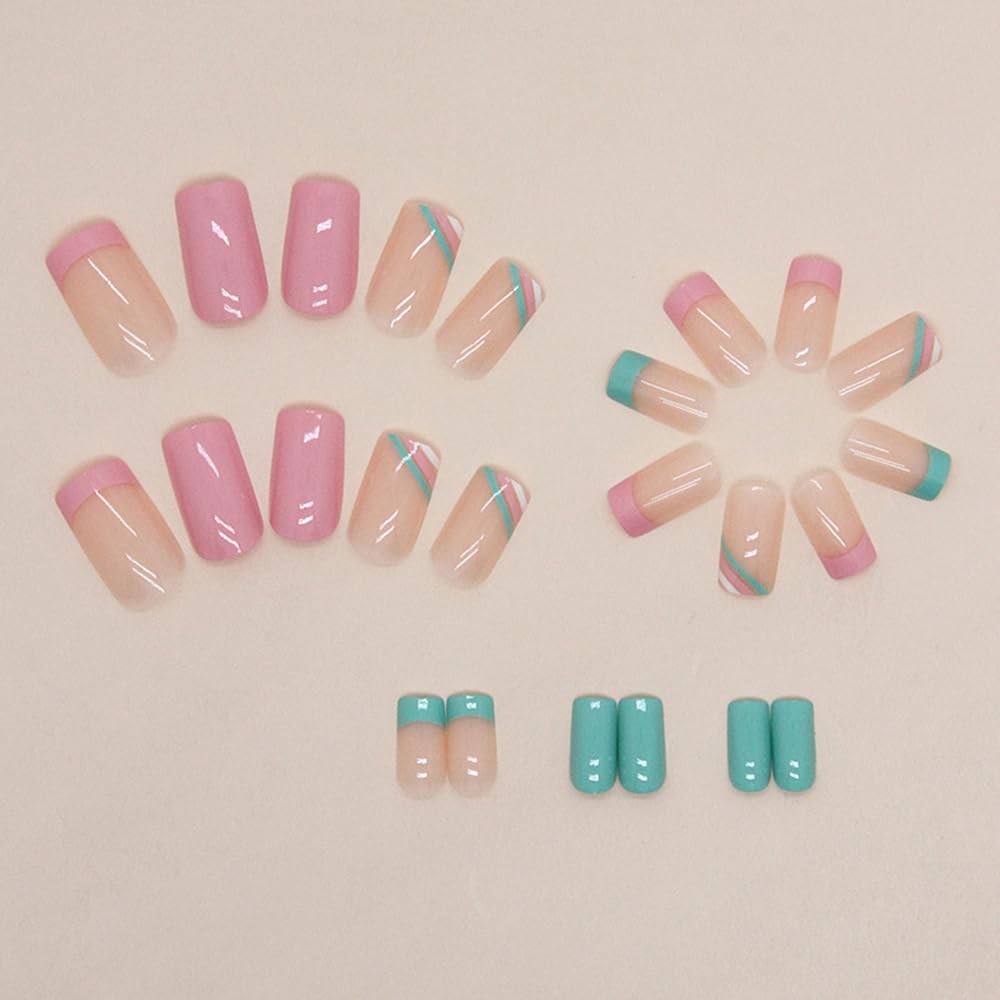 Uñas postizas de punta francesa, cuadradas, cortas, a presión, color sólido, uñas acrílicas con diseños de rayas rosas y verdes, uñas adhesivas