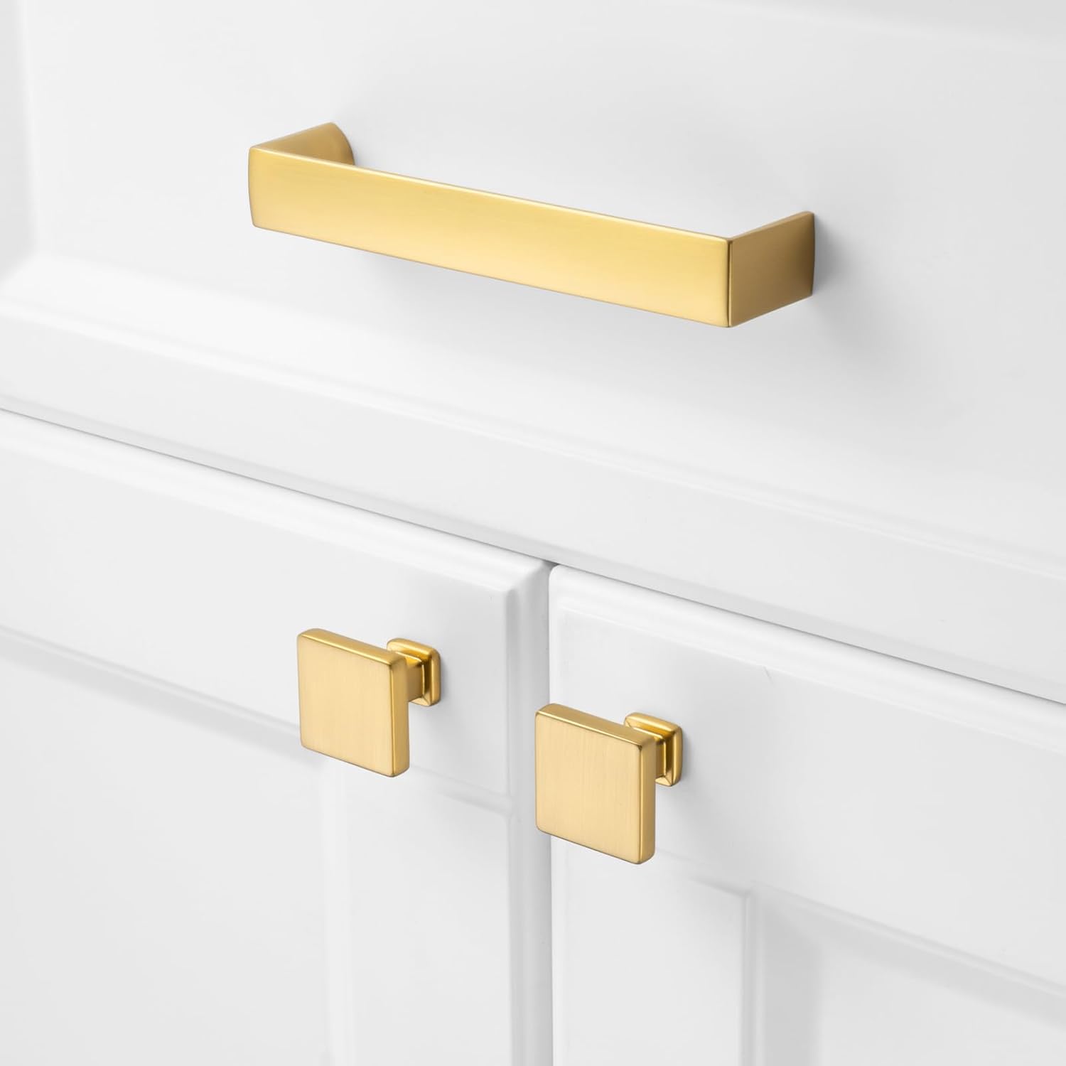 KOOFIZO Manija ancha de gabinete  Tirador de muebles dorado cepillado, distancia entre tornillos de 5 pulgadas, paquete de 10 unidades para puerta