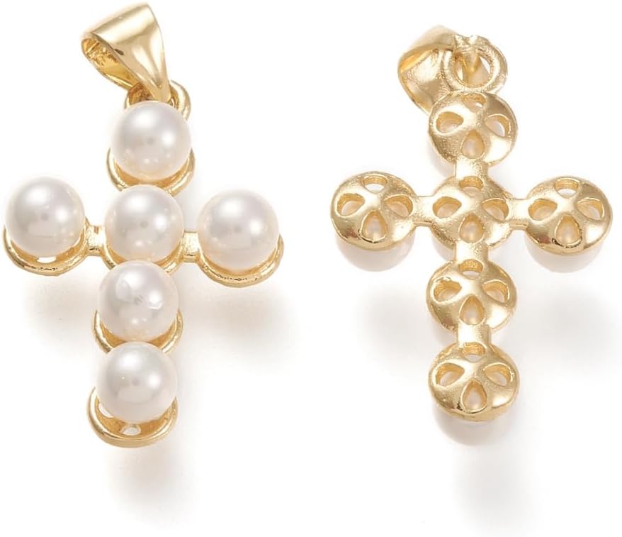 Ipotkitt 5 dijes de cruz de perlas blancas con forma de crucifijo blanco, dijes religiosos de concha de agua dulce natural para manualidades y